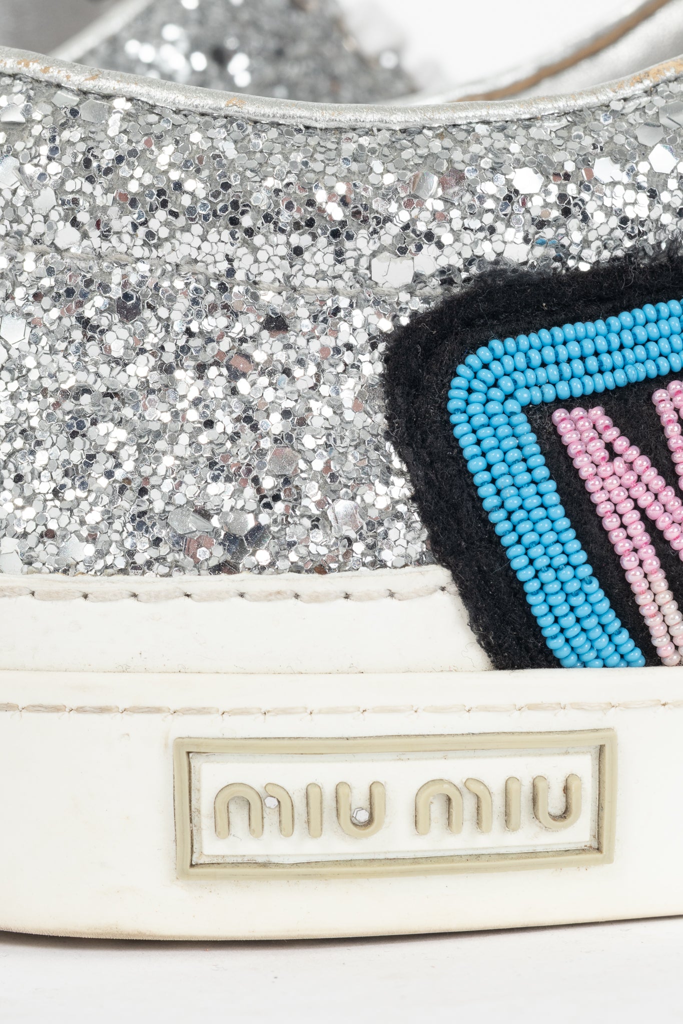 Miu Miu Silver Glitter Beaded Low-Top Lace-Up Sneakers
