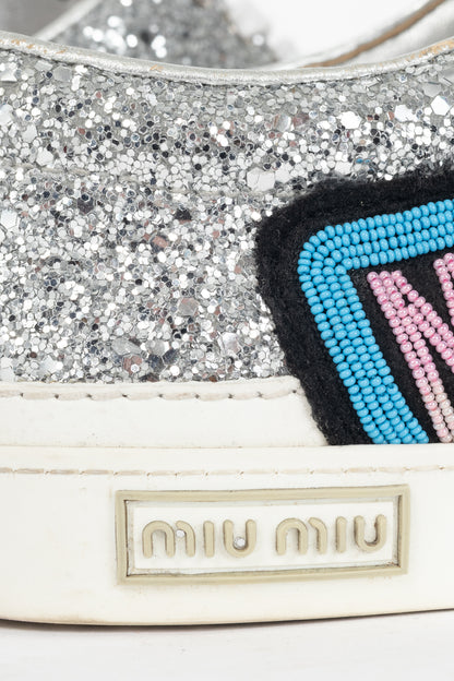 Miu Miu Silver Glitter Beaded Low-Top Lace-Up Sneakers