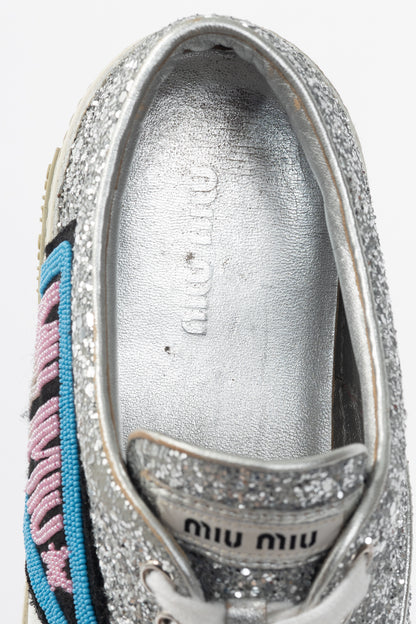 Miu Miu Silver Glitter Beaded Low-Top Lace-Up Sneakers