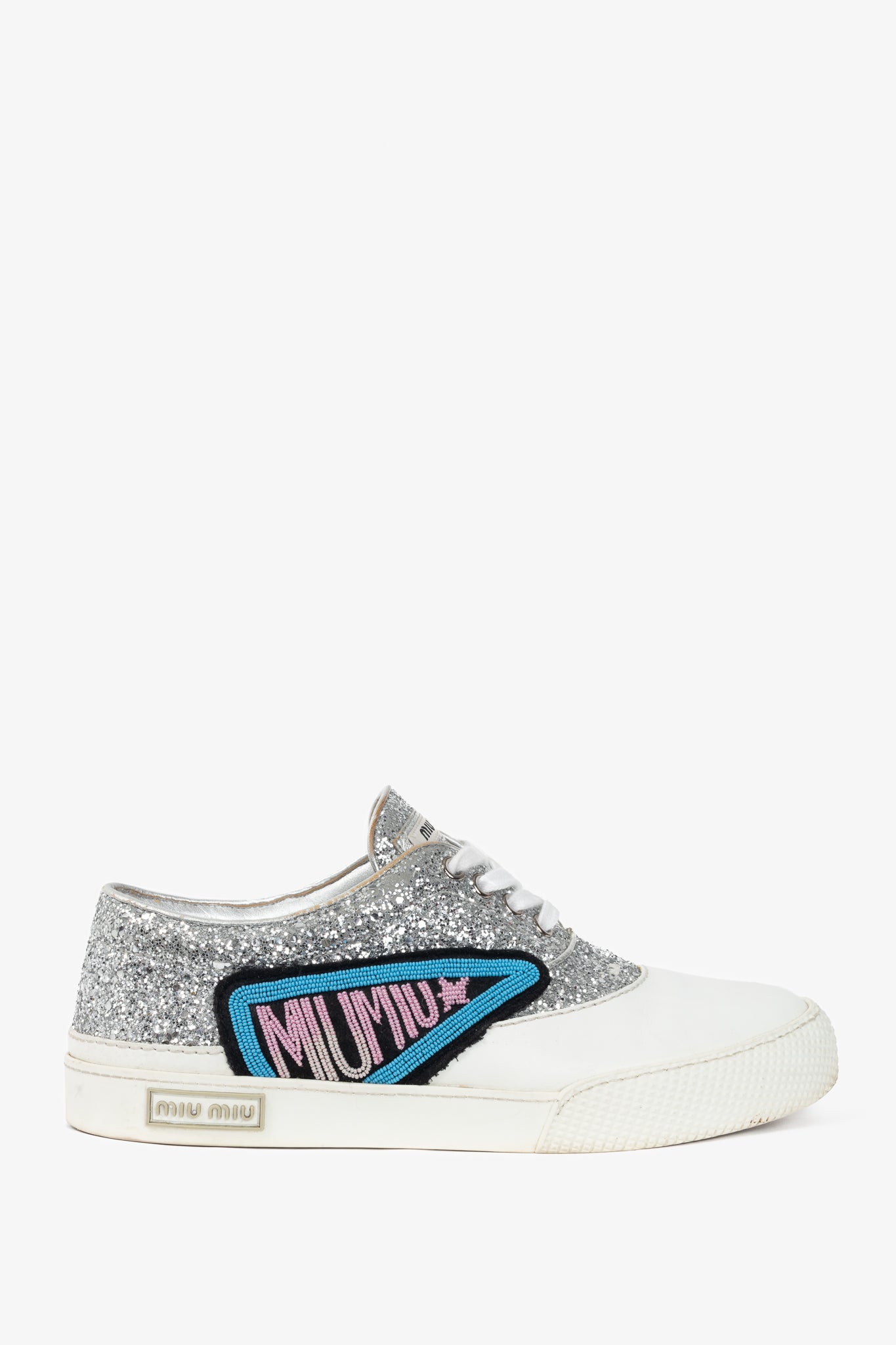 Miu Miu Silver Glitter Beaded Low-Top Lace-Up Sneakers