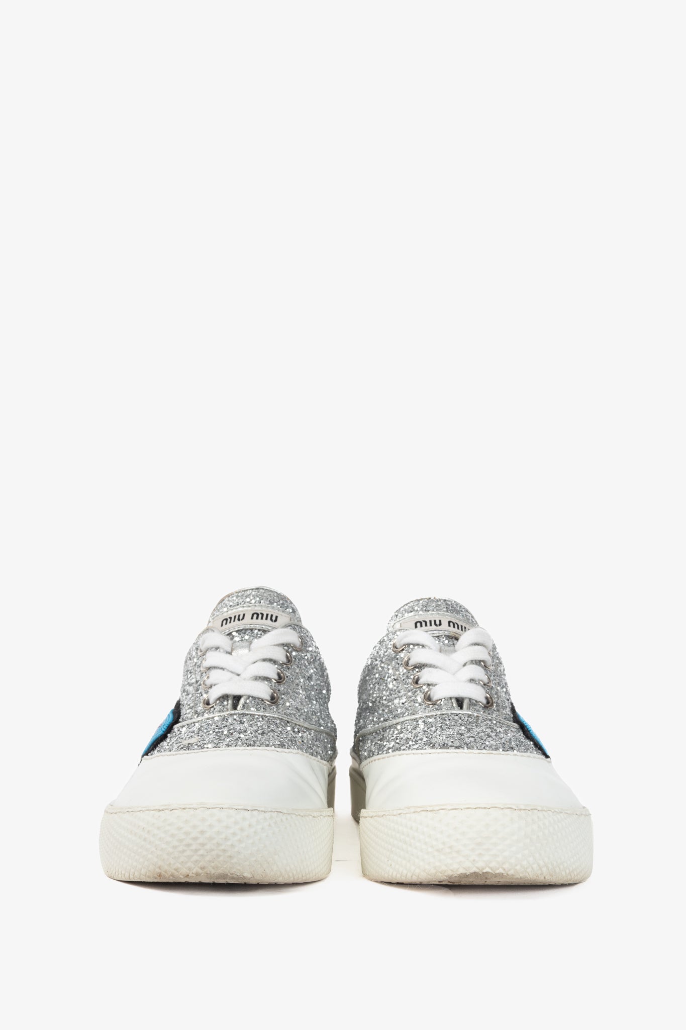 Miu Miu Silver Glitter Beaded Low-Top Lace-Up Sneakers