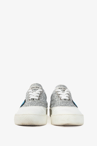 Miu Miu Silver Glitter Beaded Low-Top Lace-Up Sneakers