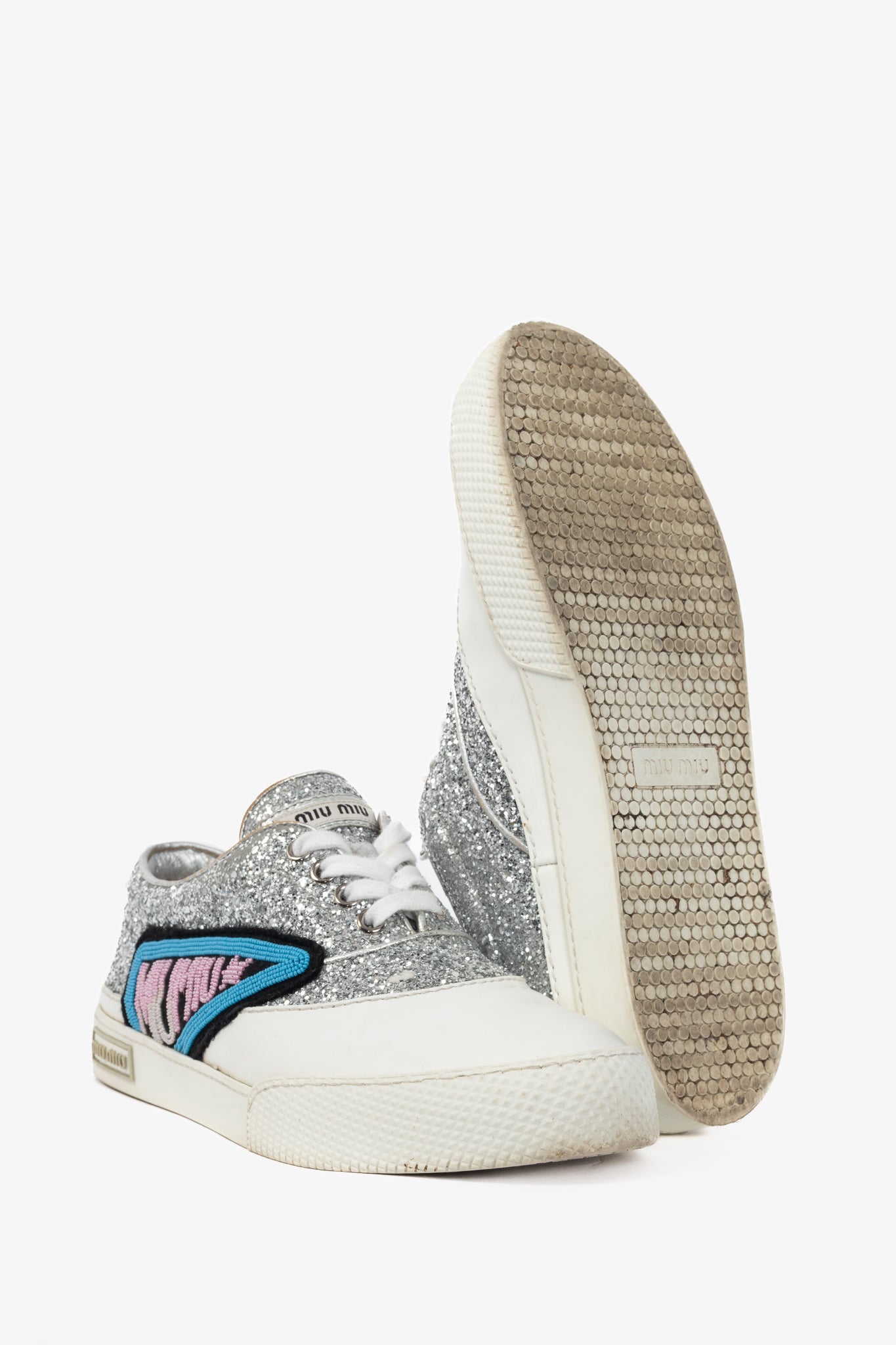 Miu Miu Silver Glitter Beaded Low-Top Lace-Up Sneakers