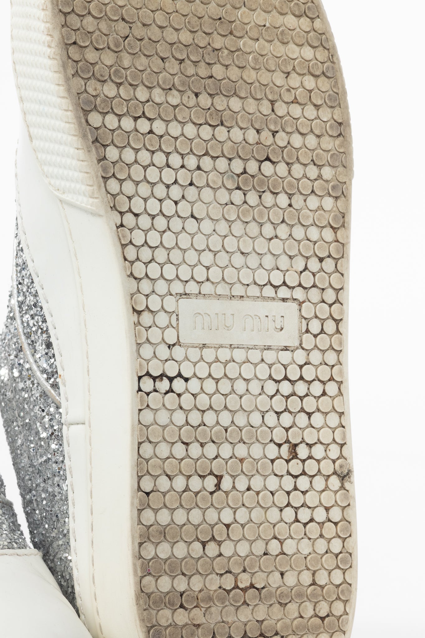 Miu Miu Silver Glitter Beaded Low-Top Lace-Up Sneakers