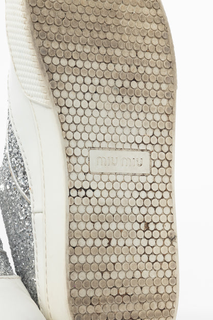 Miu Miu Silver Glitter Beaded Low-Top Lace-Up Sneakers