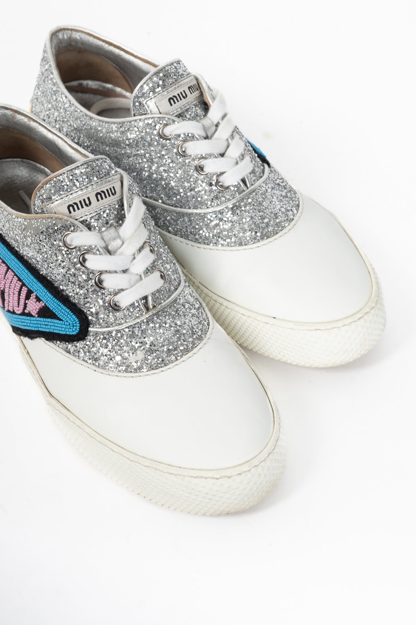 Miu Miu Silver Glitter Beaded Low-Top Lace-Up Sneakers