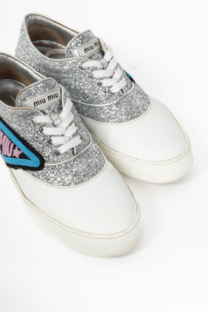 Miu Miu Silver Glitter Beaded Low-Top Lace-Up Sneakers
