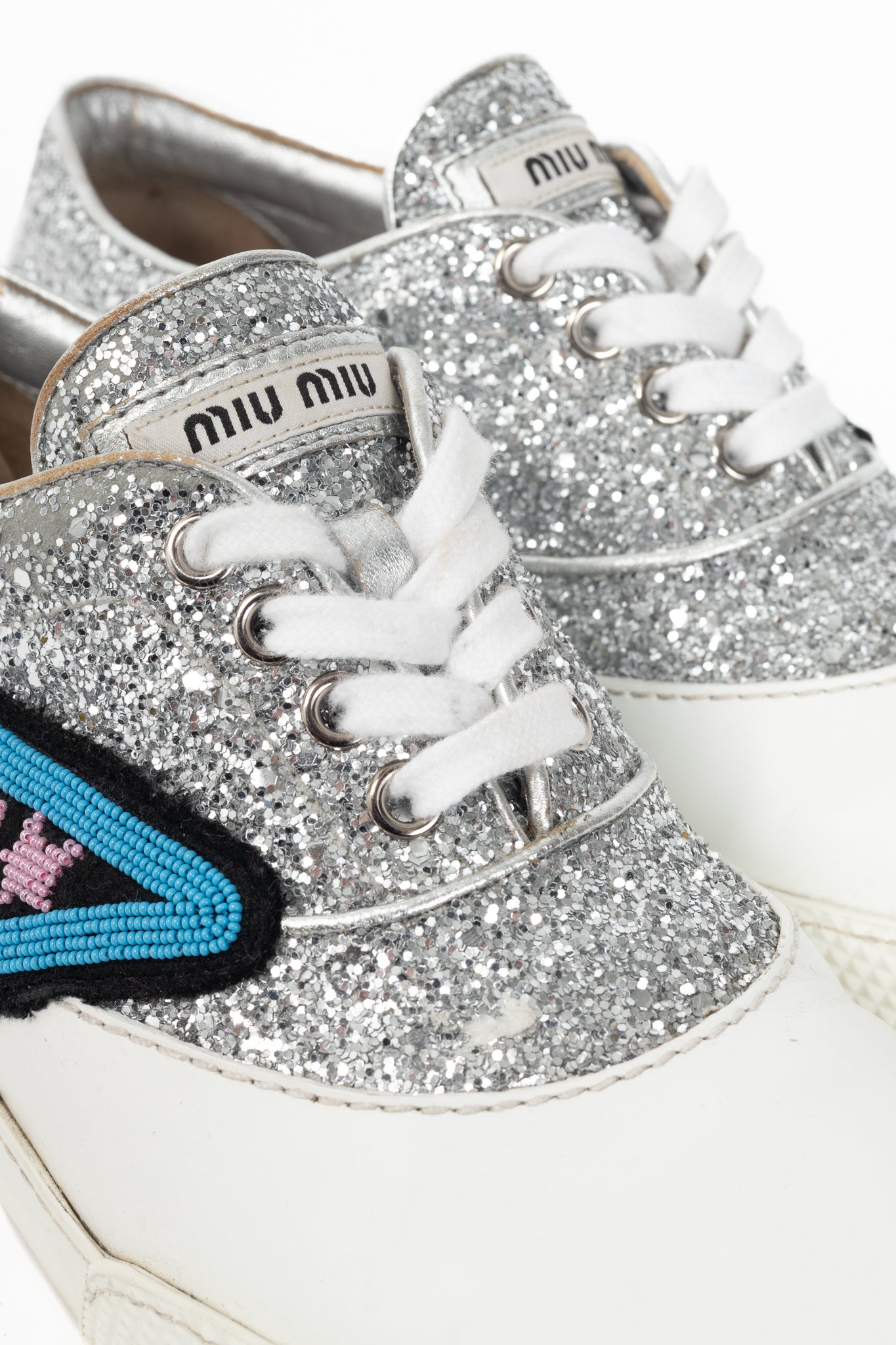 Miu Miu Silver Glitter Beaded Low-Top Lace-Up Sneakers