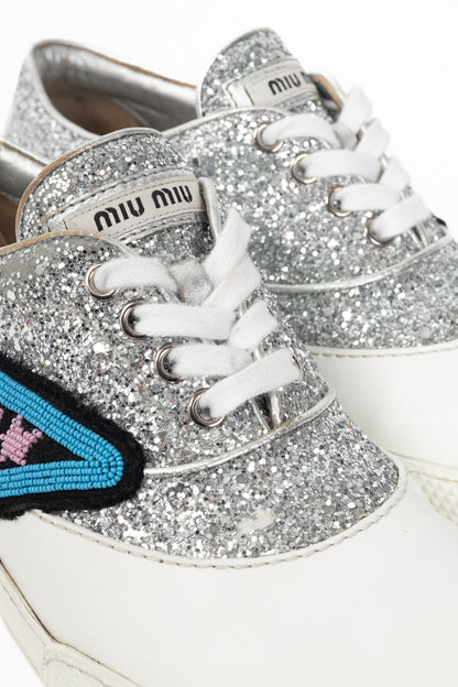 Miu Miu Silver Glitter Beaded Low-Top Lace-Up Sneakers