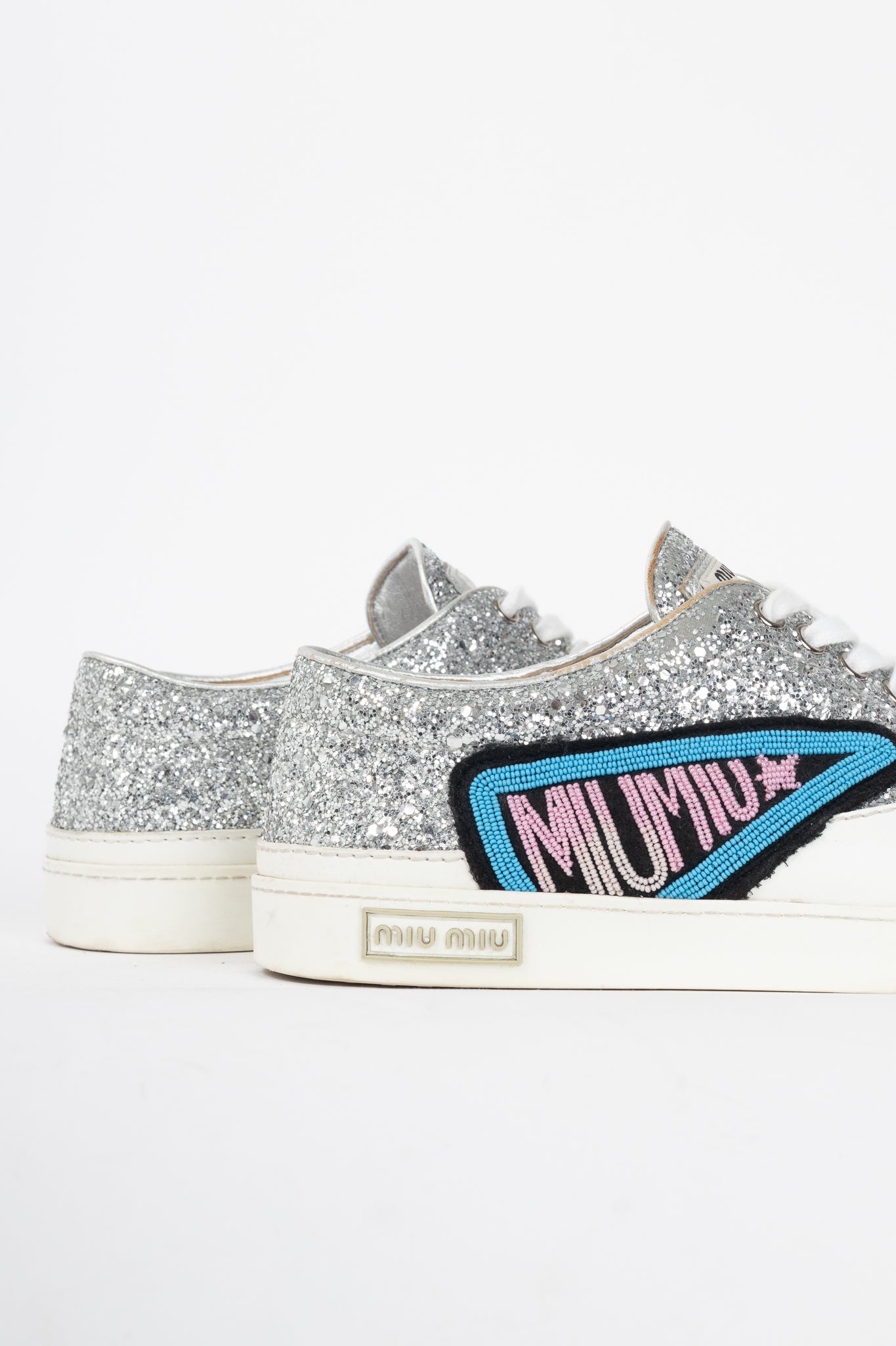 Miu Miu Silver Glitter Beaded Low-Top Lace-Up Sneakers