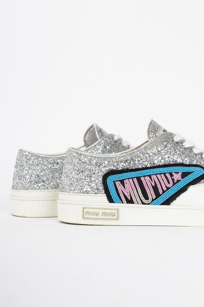 Miu Miu Silver Glitter Beaded Low-Top Lace-Up Sneakers