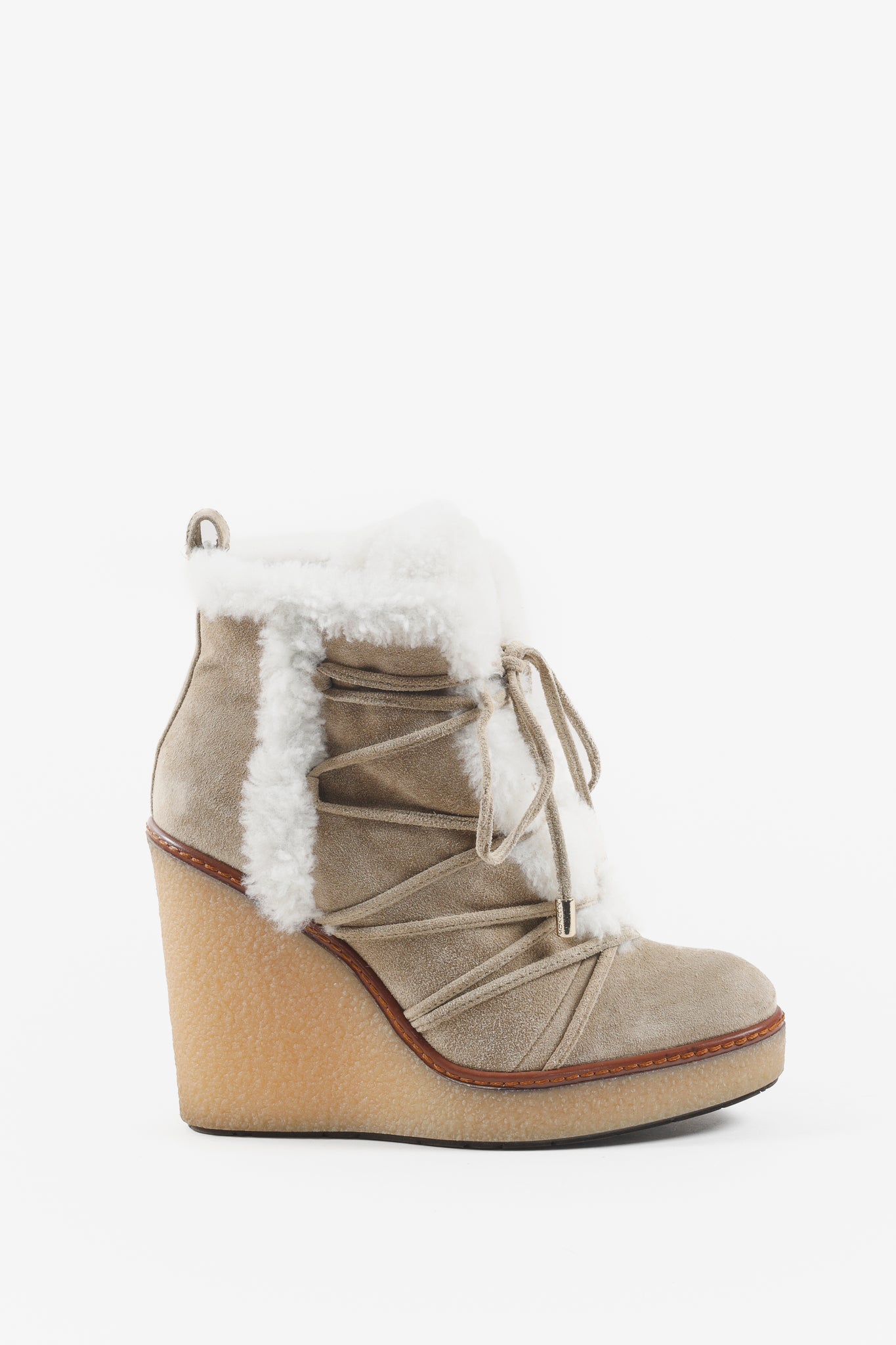 Moncler Osja Tan Shearling Lace-Up Zipper Wedge Boots