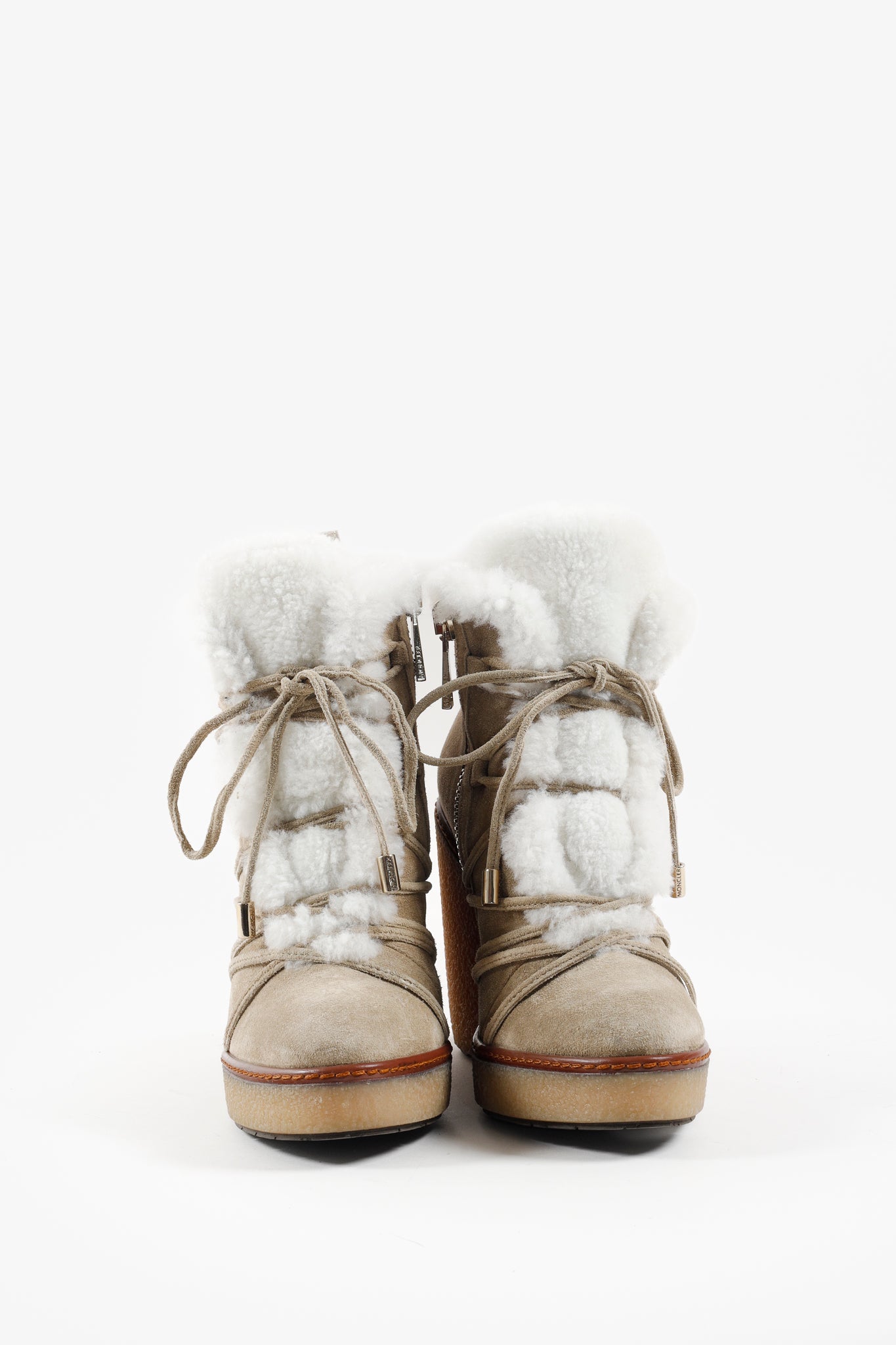 Moncler Osja Tan Shearling Lace-Up Zipper Wedge Boots