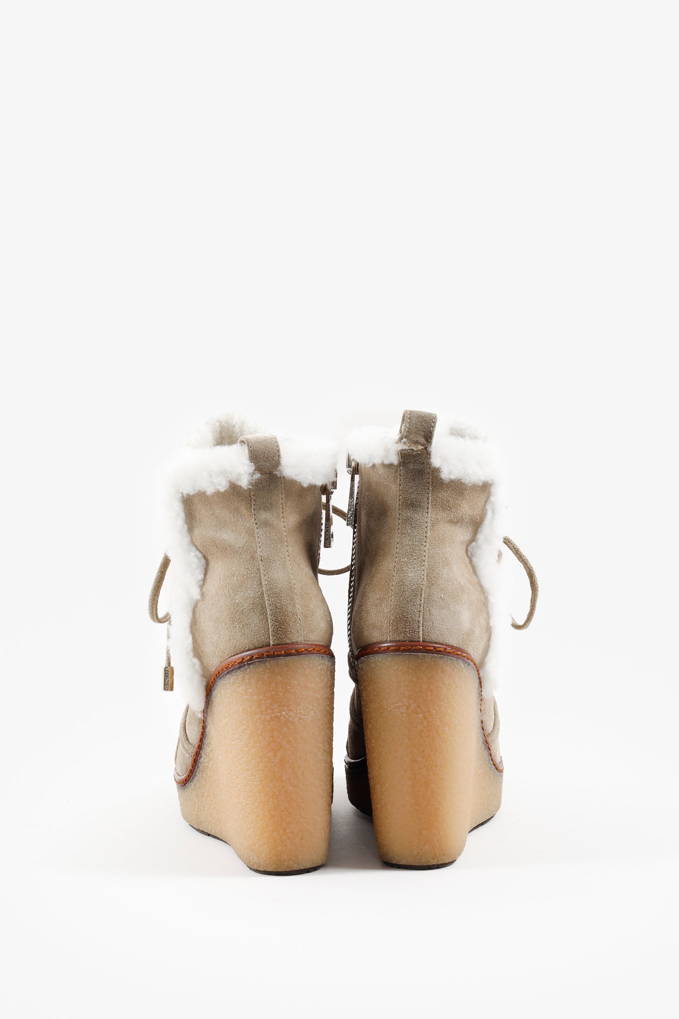 Moncler Osja Tan Shearling Lace-Up Zipper Wedge Boots