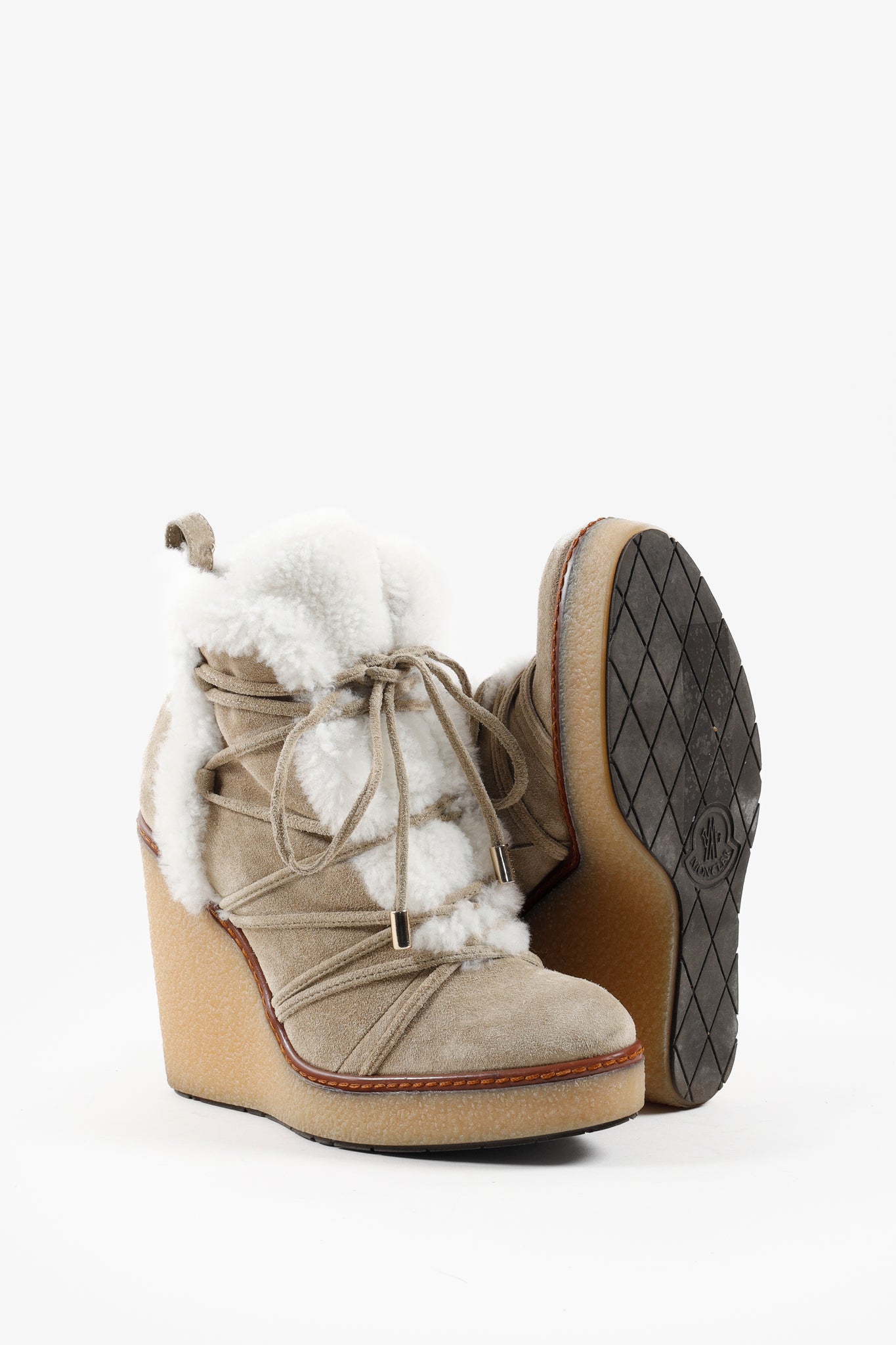 Moncler Osja Tan Shearling Lace-Up Zipper Wedge Boots