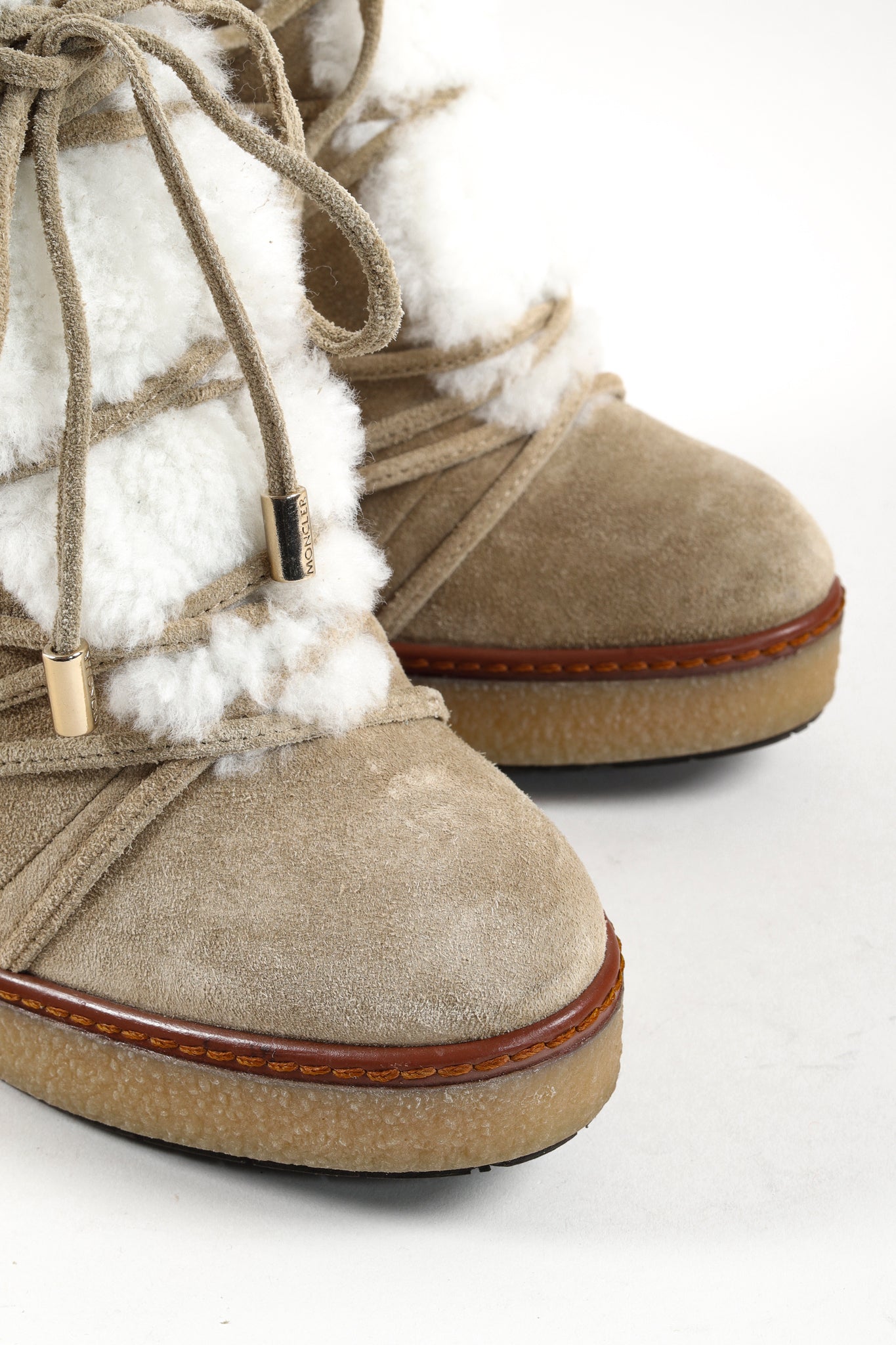 Moncler Osja Tan Shearling Lace-Up Zipper Wedge Boots