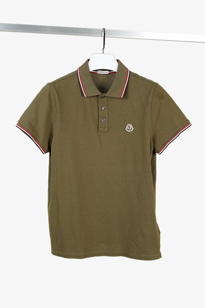 Moncler Maglia Polo Manica Corta Khaki Tricolour-Trimmed Organic Cotton Polo Shirt