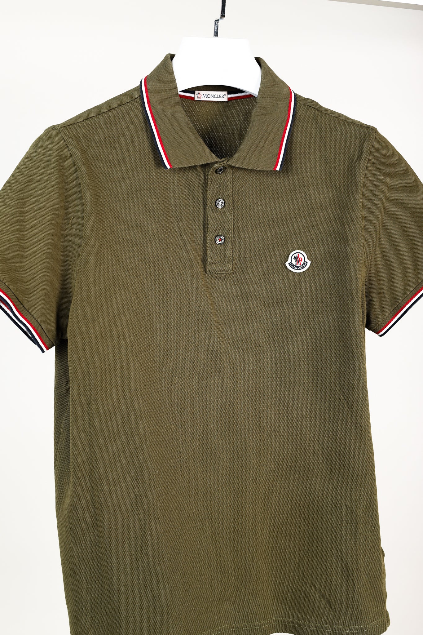 Moncler Maglia Polo Manica Corta Khaki Tricolour-Trimmed Organic Cotton Polo Shirt