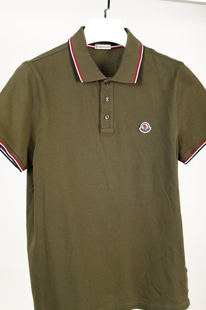 Moncler Maglia Polo Manica Corta Khaki Tricolour-Trimmed Organic Cotton Polo Shirt