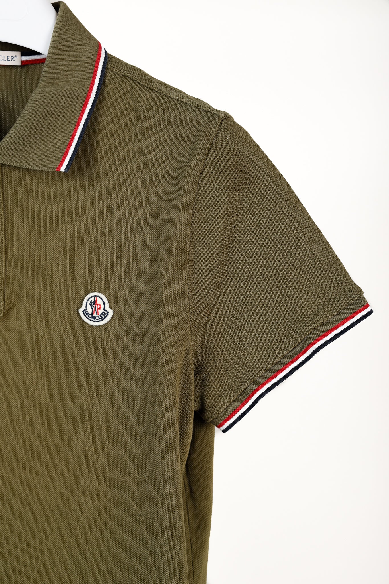 Moncler Maglia Polo Manica Corta Khaki Tricolour-Trimmed Organic Cotton Polo Shirt