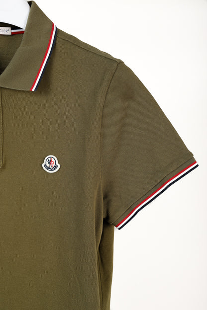 Moncler Maglia Polo Manica Corta Khaki Tricolour-Trimmed Organic Cotton Polo Shirt