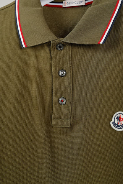 Moncler Maglia Polo Manica Corta Khaki Tricolour-Trimmed Organic Cotton Polo Shirt