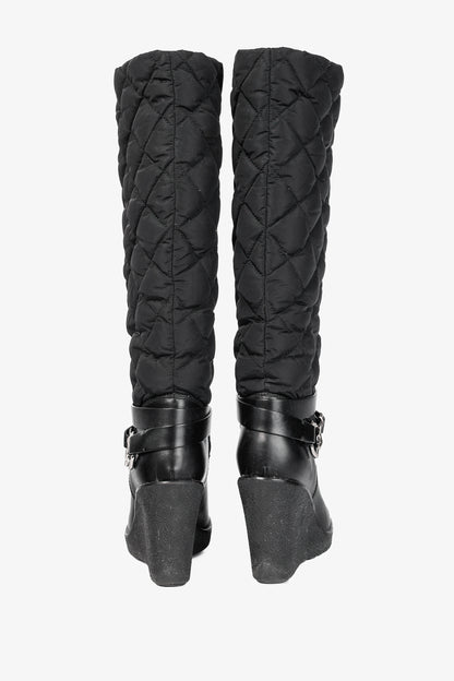 Moncler New Cernobbio Black Quilted Leather Wedge Boots