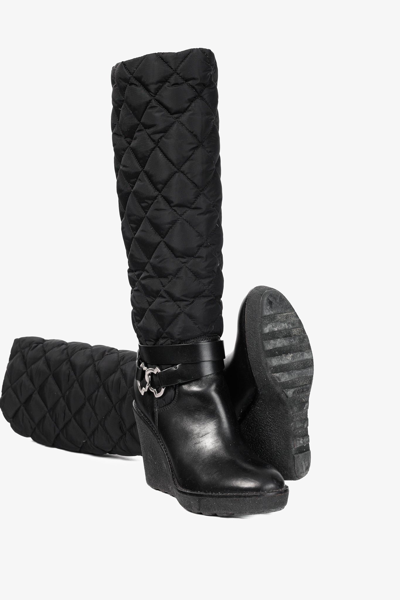 Moncler New Cernobbio Black Quilted Leather Wedge Boots