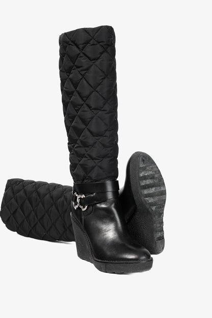 Moncler New Cernobbio Black Quilted Leather Wedge Boots