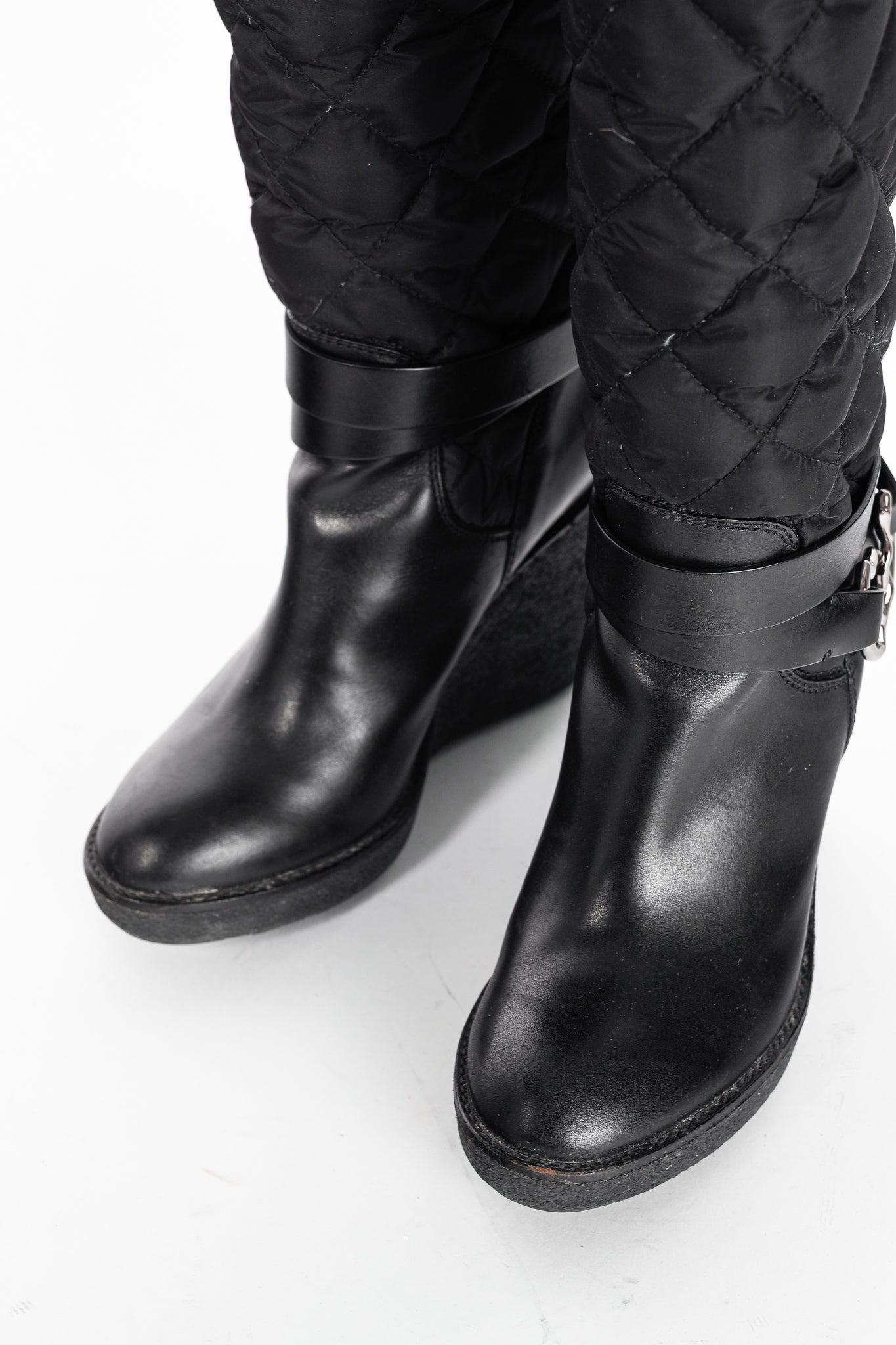 Moncler New Cernobbio Black Quilted Leather Wedge Boots