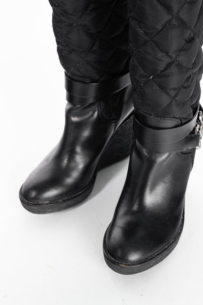 Moncler New Cernobbio Black Quilted Leather Wedge Boots