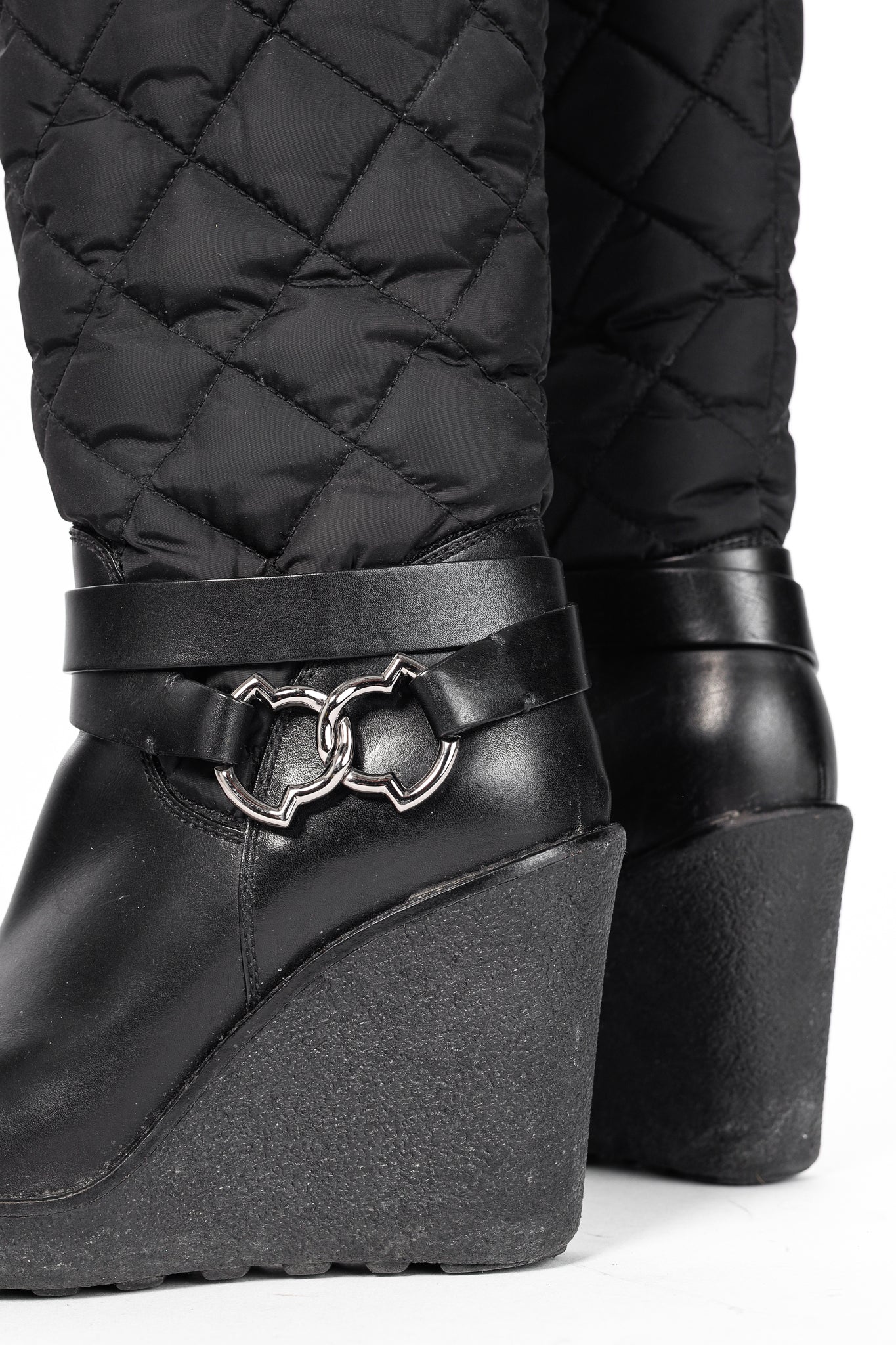 Moncler New Cernobbio Black Quilted Leather Wedge Boots