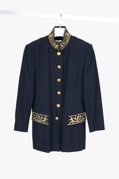 Mondi Vintage Navy Wool-Blend Crepe Gold-Emboidered Jacket