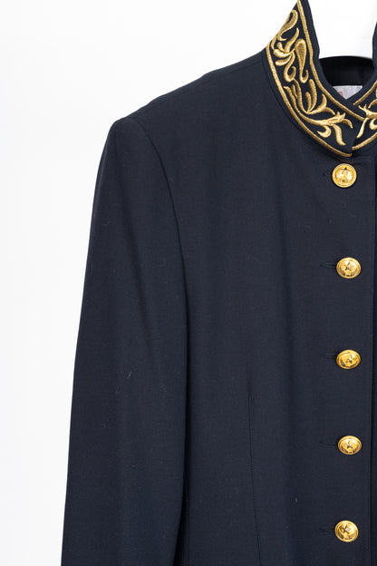 Mondi Vintage Navy Wool-Blend Crepe Gold-Emboidered Jacket