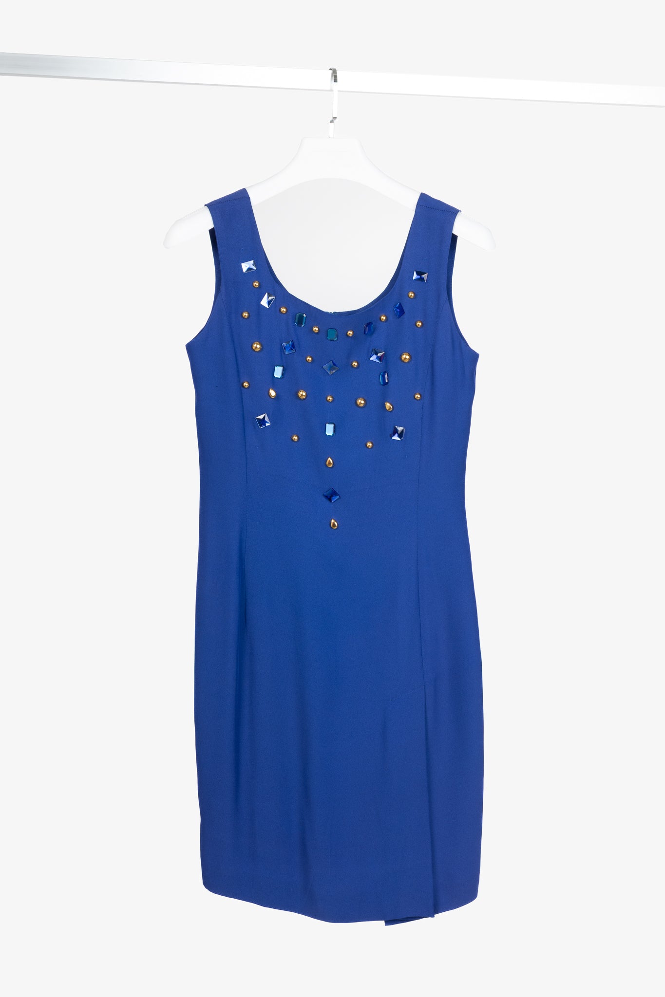 Mondi Gala Blue Crepe Jewel-Embellished Sheath Dress