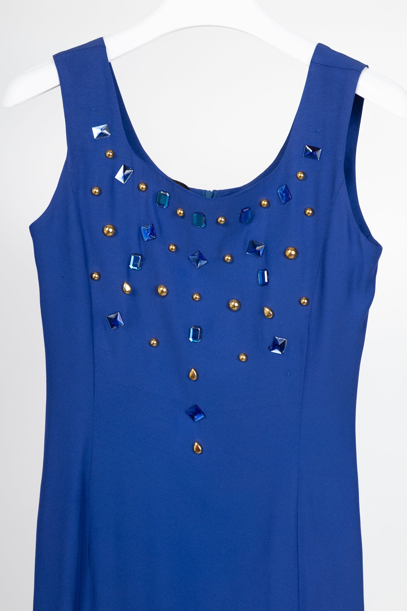 Mondi Gala Blue Crepe Jewel-Embellished Sheath Dress