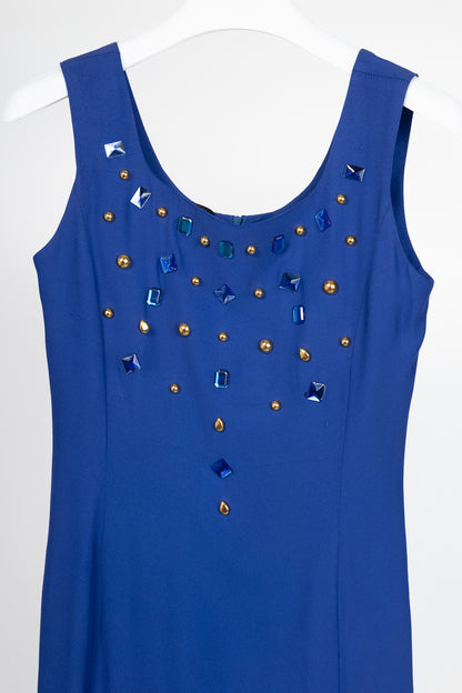 Mondi Gala Blue Crepe Jewel-Embellished Sheath Dress