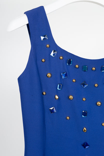 Mondi Gala Blue Crepe Jewel-Embellished Sheath Dress