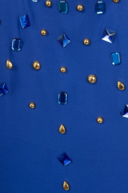 Mondi Gala Blue Crepe Jewel-Embellished Sheath Dress