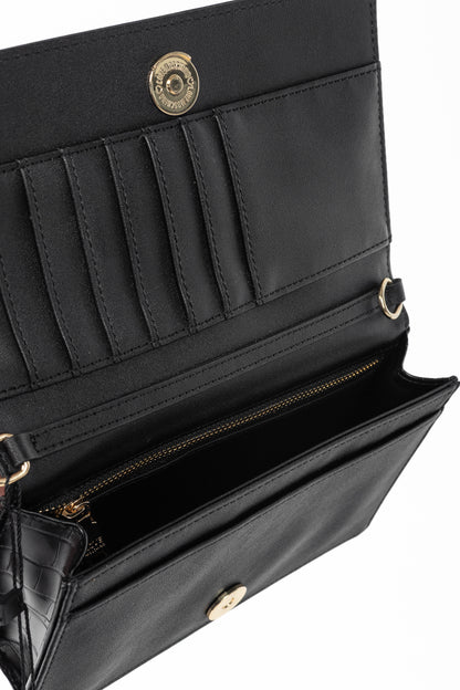 Love Moschino Black Croc-Embossed Faux-Leather Flap Crossbody