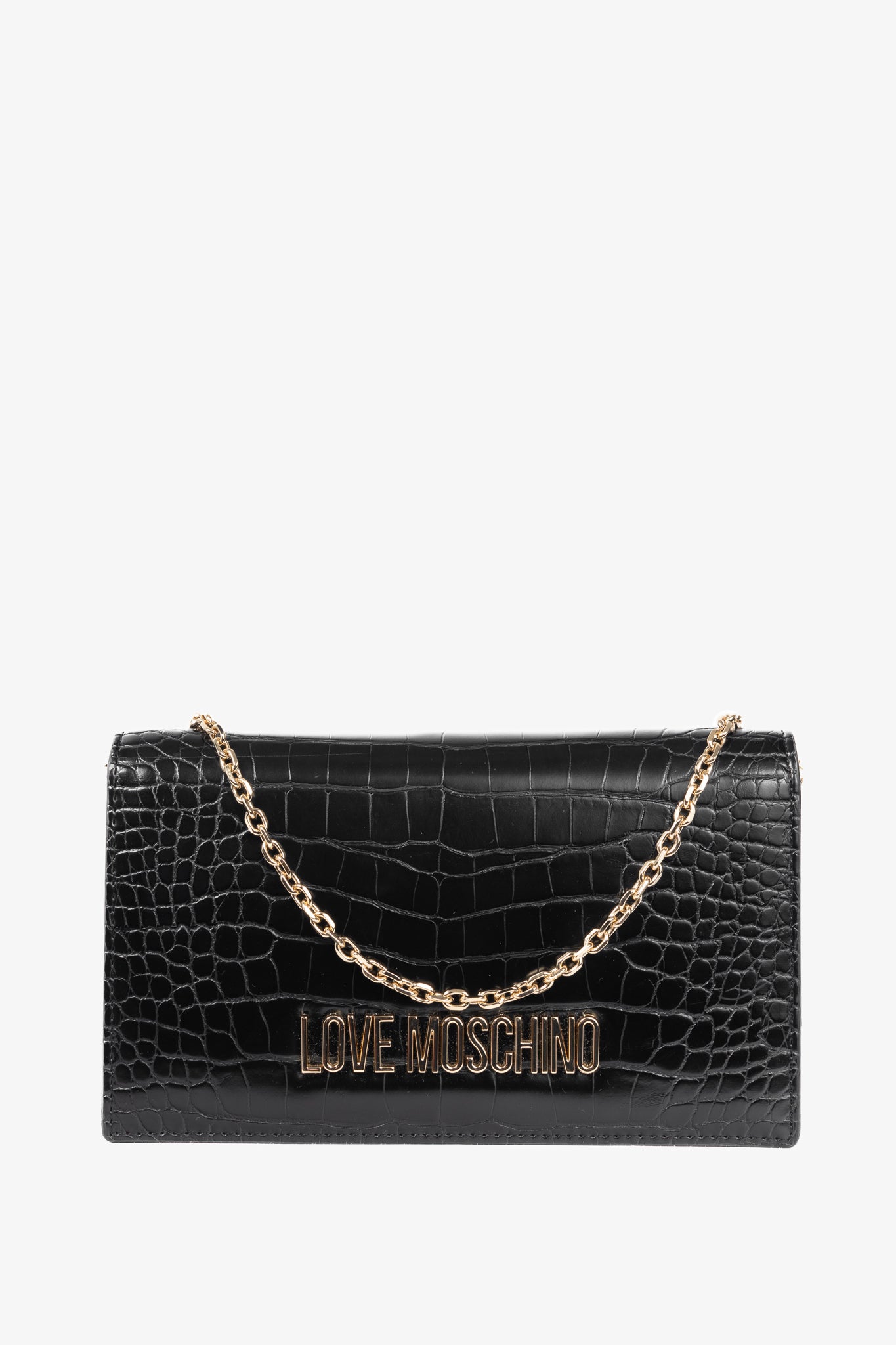 Love Moschino Black Croc-Embossed Faux-Leather Flap Crossbody