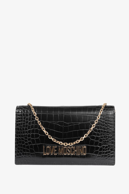 Love Moschino Black Croc-Embossed Faux-Leather Flap Crossbody