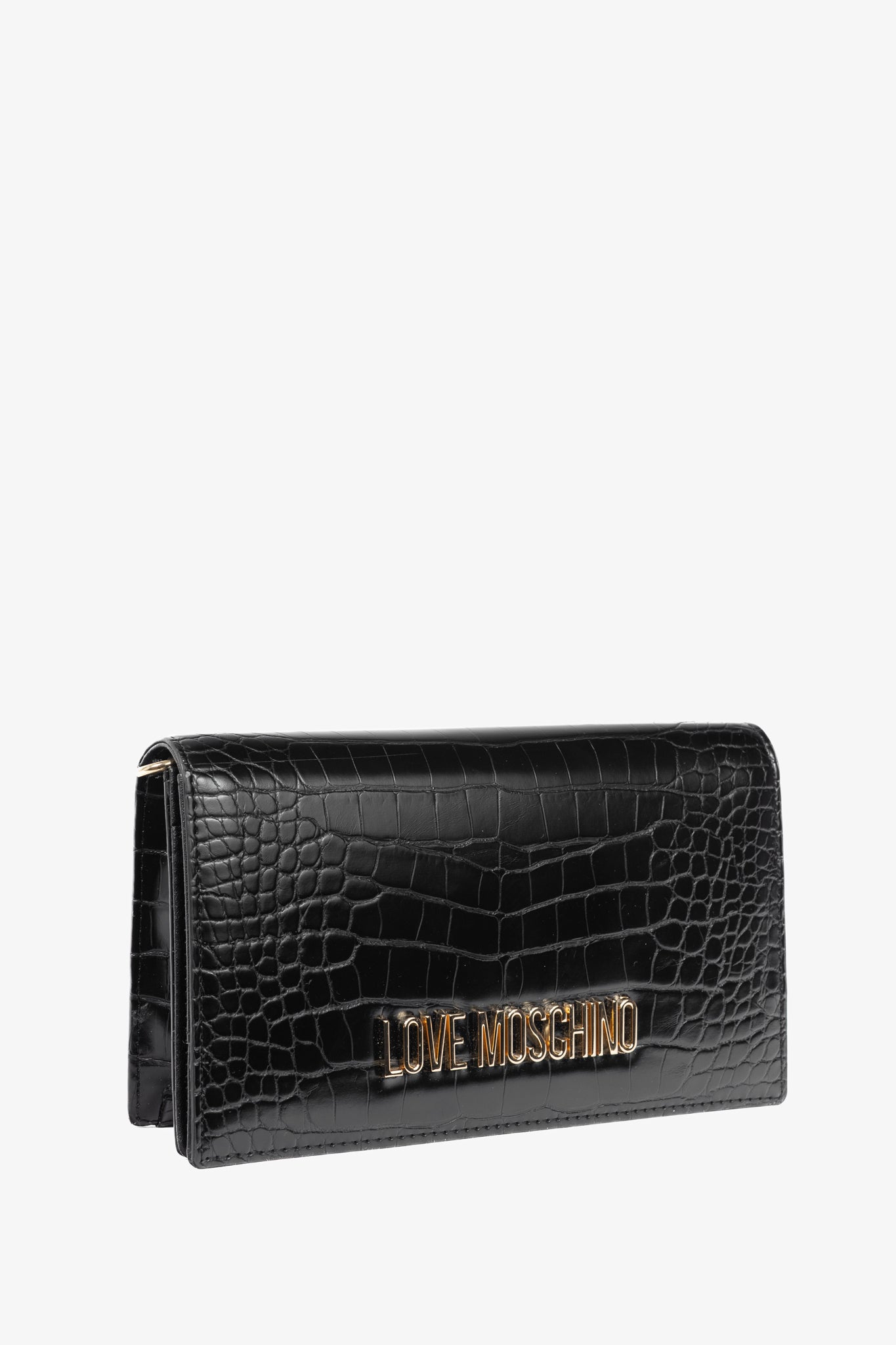 Love Moschino Black Croc-Embossed Faux-Leather Flap Crossbody