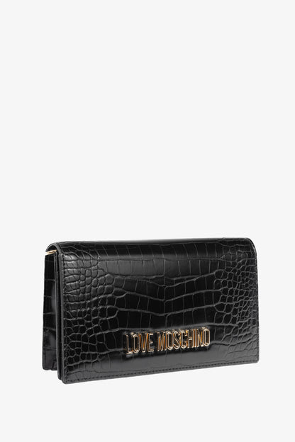 Love Moschino Black Croc-Embossed Faux-Leather Flap Crossbody