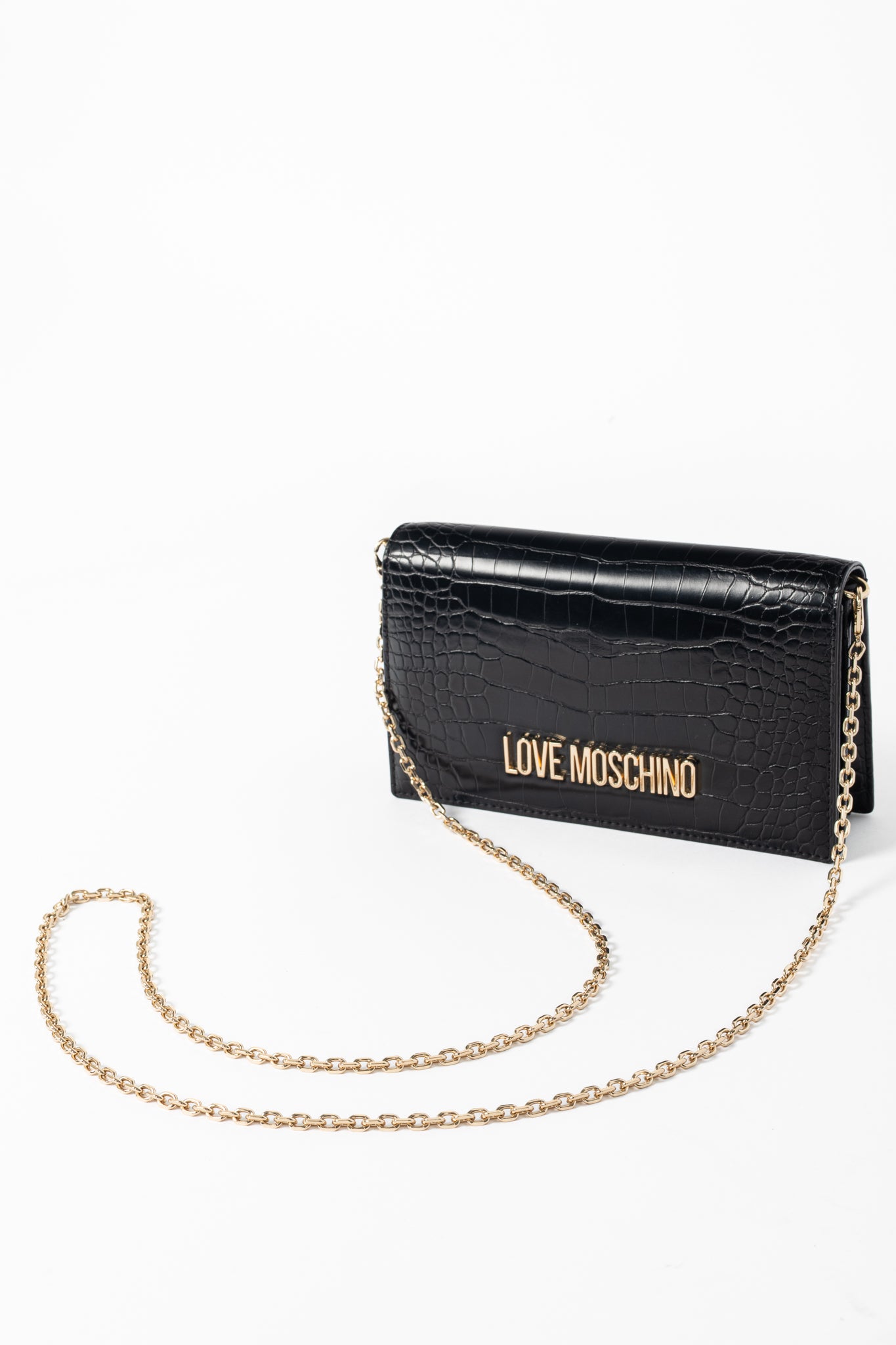 Love Moschino Black Croc-Embossed Faux-Leather Flap Crossbody