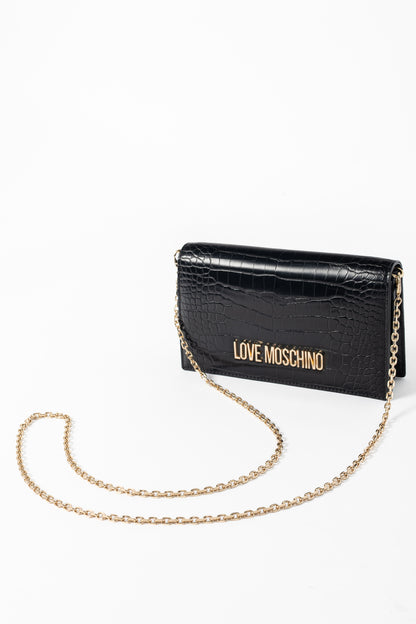Love Moschino Black Croc-Embossed Faux-Leather Flap Crossbody