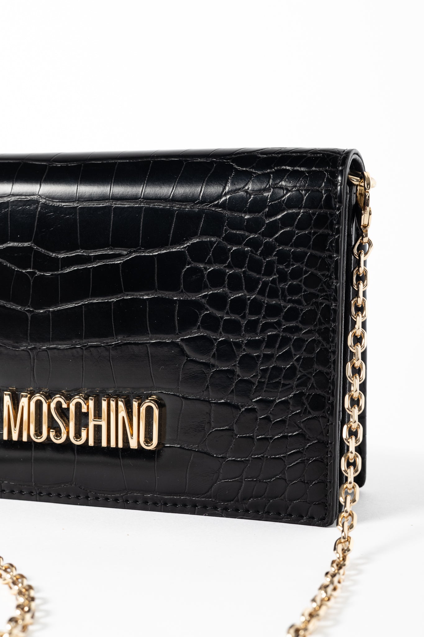 Love Moschino Black Croc-Embossed Faux-Leather Flap Crossbody