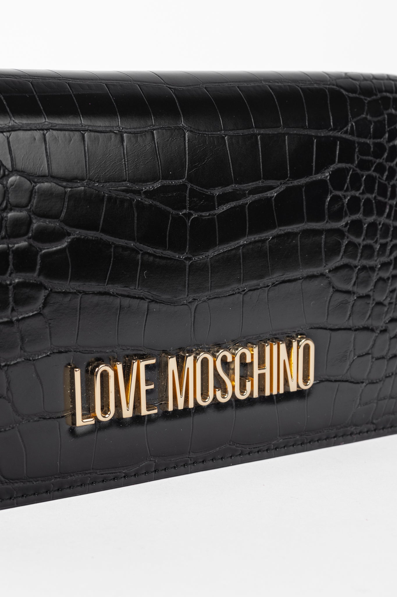 Love Moschino Black Croc-Embossed Faux-Leather Flap Crossbody
