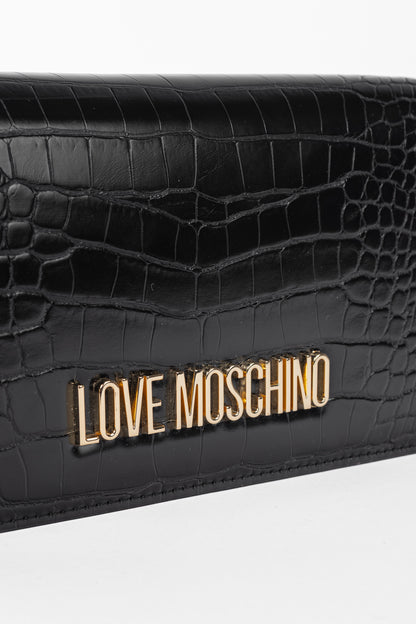 Love Moschino Black Croc-Embossed Faux-Leather Flap Crossbody