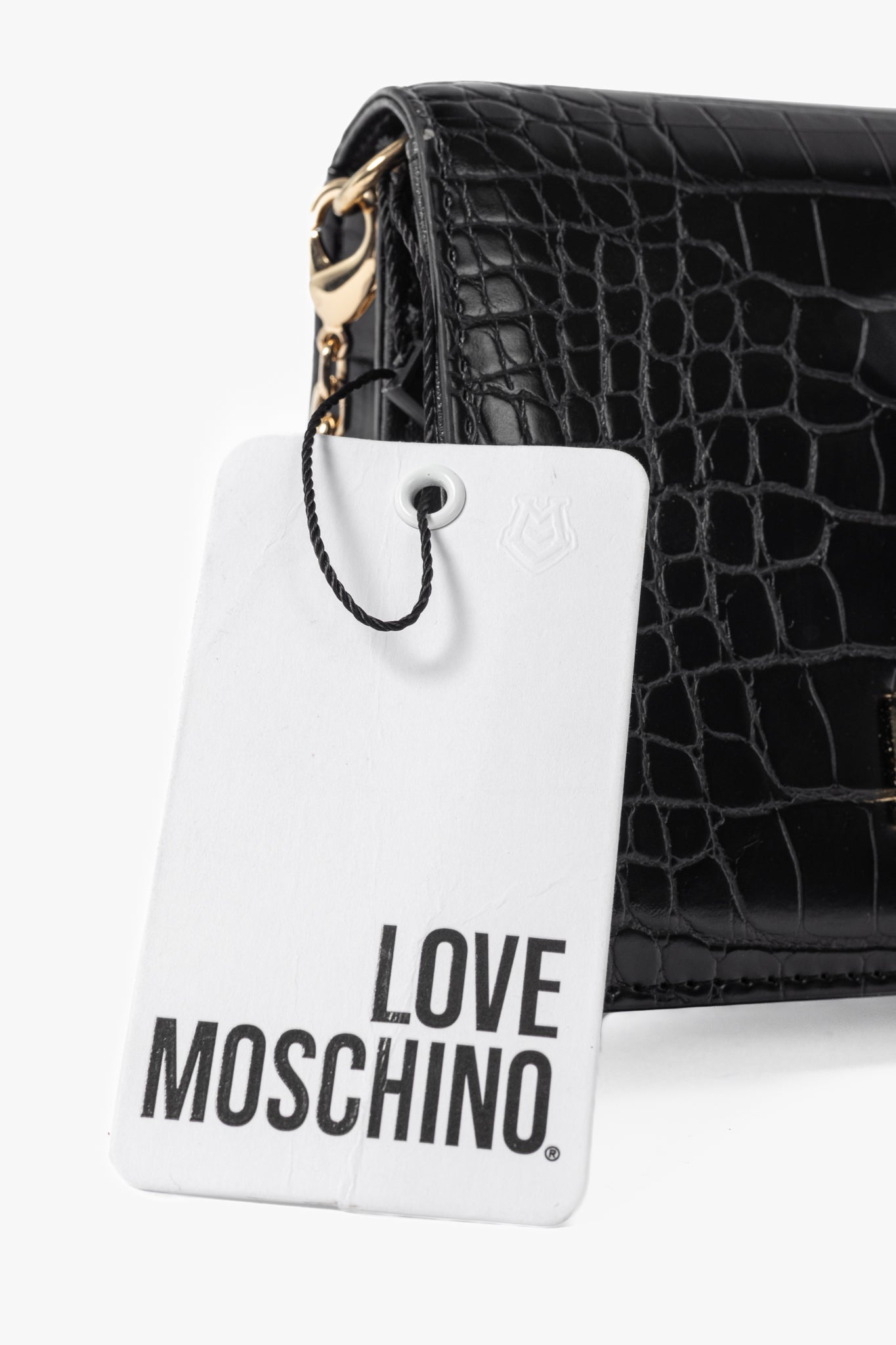 Love Moschino Black Croc-Embossed Faux-Leather Flap Crossbody